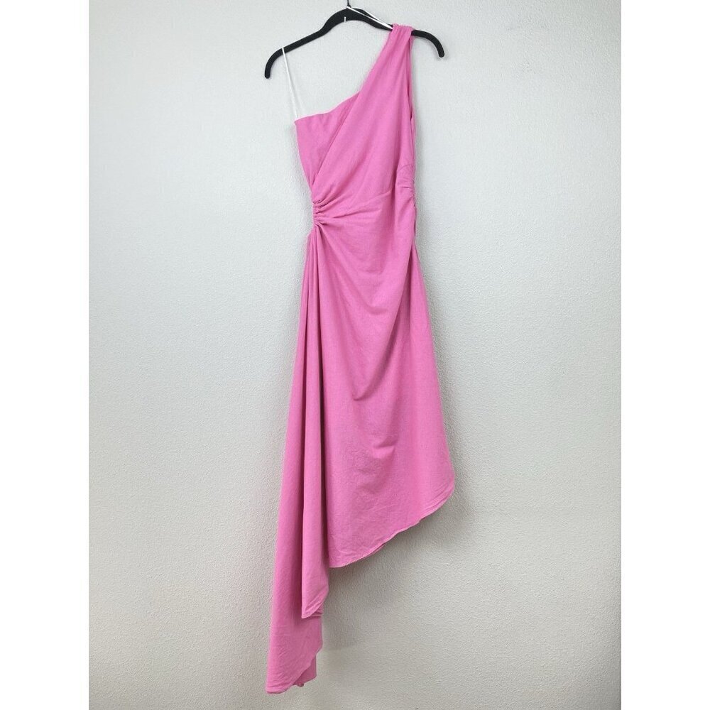 Aakaa Women's Small Bubblegum Pink One Shoulder Asymmetric Gown Linen Cut Out - Picture 4 of 16